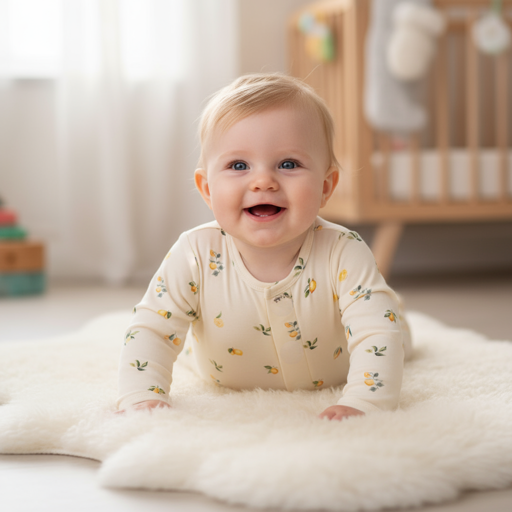 Baby in a lemon pattern onesie