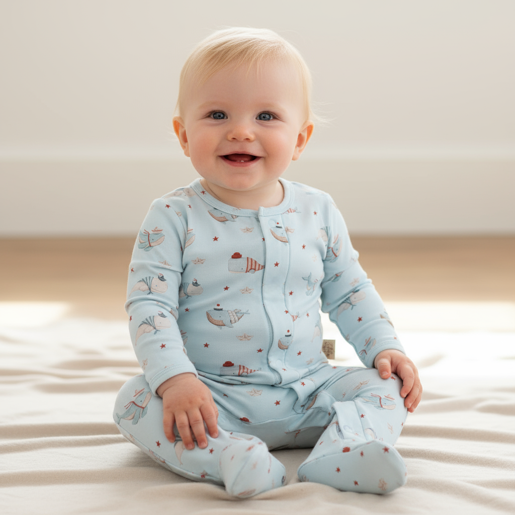 Baby wearing in a growsuit with ocean whale pattern on a beige blanket.